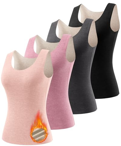 Orrfreer 4 Pcs Women's Thermal Tops Sleeveless Vest Tops for Women Ladies Base Layer Tank Top Camisole Warm Winter Underwear Top Black/Charcoal/Pink/Red M