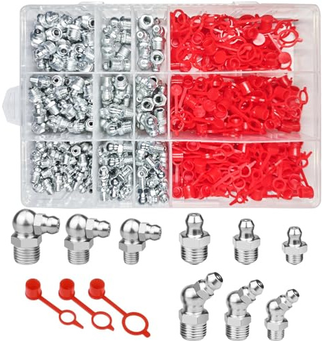 CafullCon 380 Stück Schmiernippel, Schmirnippelset M6 M8 M10 Gerade und Abgewinkelt 45 °90 °180 ° Hydraulik Fettnippel Kegelnippel, Schmiernippel Sortiment Kit mit Kappen für Fettpresse