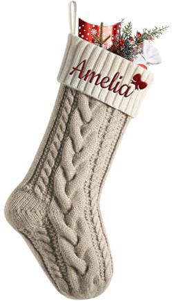 Cysincos Weihnachtsstrumpf Personalisiert Name Nikolausstiefel, Nikolausstrumpf 18”große gestrickte Christmas Stockings hängende Weihnachtsstrümpfe Party Feiertags (Leinen(Körper) / Elfenbein (Mund))