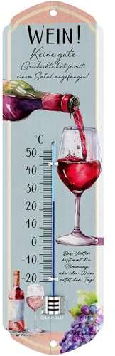 LANOLU Retro Thermometer WEIN! Keine gute Geschichte hat je mit einem Salat angefangen! Analoges retro Thermometer mit Spruch, Küchenbild und Shabby Chic Wanddeko Küche analog 8x28cm