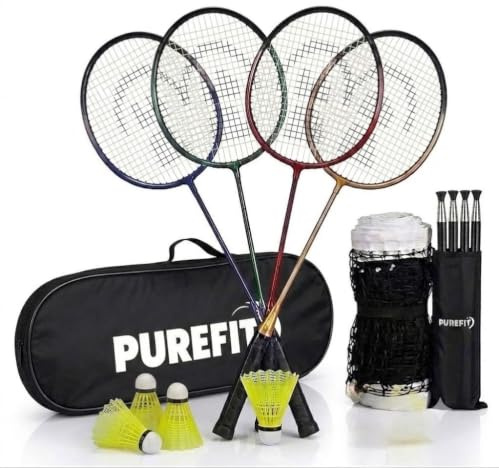 Badminton Championship Set 4 Player Portable Badminton Net & Racket Set with Shuttlecocks, Carry Bag & Durable Steel Poles for Garden, Outdoor, Beach & Family Games