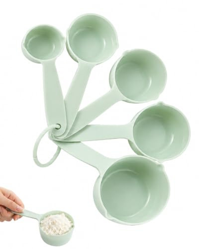 AEIOPRS Juego de 5 Tazas Medidoras de Silicona Verde Claro, Cucharas Medidoras de Gramos para Cocina, Repostería y Dosificador de Proteína, Grado Alimenticio Libre de BPA