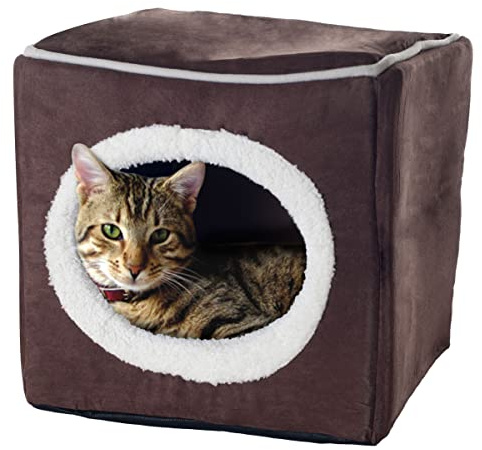 Cat House - Indoor Bed with Removable Foam Cushion - Cat Cave for Puppies, Rabbits, Guinea Pigs, and Other Small Animals by PETMAKER (Dark Brown) 13x13.5x12