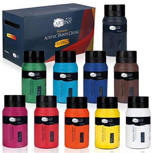 Artina Set Colori acrilici per dipingere Crylic - 10 barattoli x 500ml - per attività artistiche - Colori ad Alta pigmentazione - Set Pittura - Colore Acrilico in Barattolo - tempere acriliche