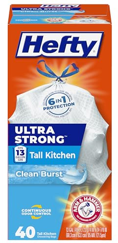 Hefty Ultra Strong 13 Gallon Trash Bags, Tall Kitchen Trash Bags 13 Gallon Size, Drawstring Closure, Continuous Odor Control, White, Clean Burst Scent, 40 Bags