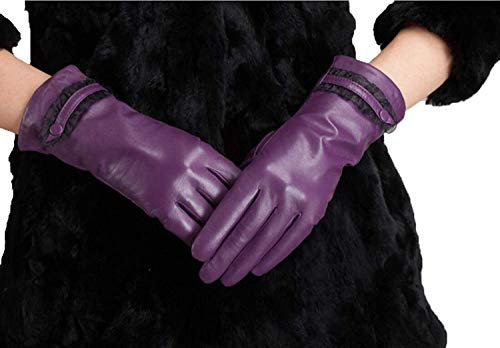 Huixin Womens Winter Warme Spitze Lederhandschuhe Jungen Mit Mode Unifarben Wasserdicht Outdoor Fäustlinge Fausthandschuhe (Color : Lila, Size : M)