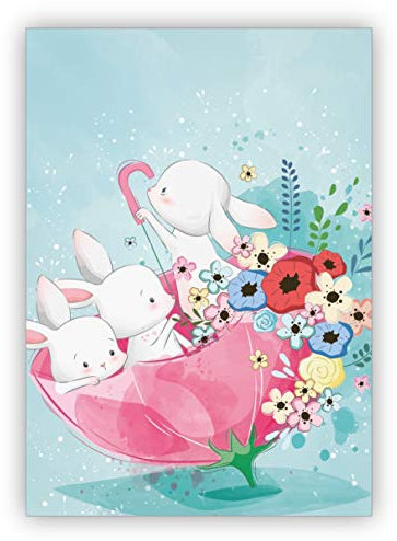 Kartenkaufrausch Im 5er Set: Süße Grußkarte mit kleinen Hasen & Blumen im Regenschirm auch als Osterkarte für Mitarbeiter, Familie & Freunde