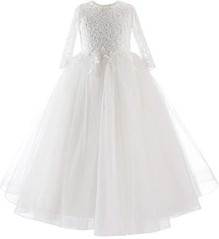 Flower Girl Dress Half Sleeves Lace Top Tulle Skirt Girls Birthday Wedding Party Communion Dresses White Size 8