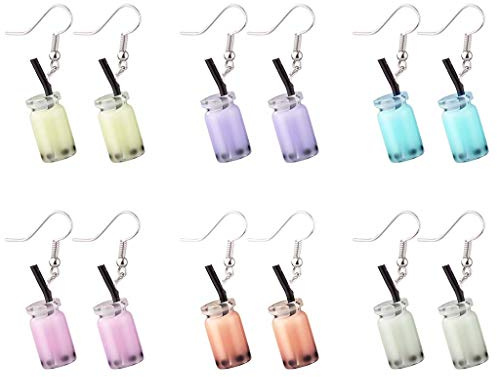 Daimay 6 Paar Einzigartige Bubble Tea Milk Getränk Tropfen Ohrring Wasser Tasche Baumeln Haken Ohrringe Lustige Acryl Anhänger für Mädchen Frauen Einzigartig mit Haken