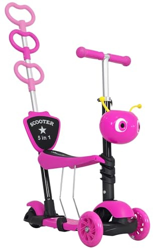 HOMCOM 3 en 1 Patinete para Niños de +18 Meses Scooter de 3 Ruedas con Asiento Extraíble Manillar Mango de Empuje Altura Ajustable 62x25x72,5 cm Rosa