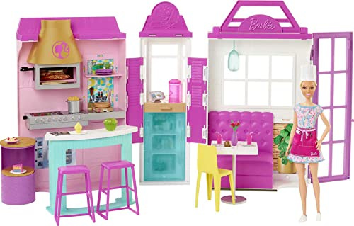 ​Barbie Cook ‘n Grill Restaurant Playset with Barbie Doll, 30+ Pieces & 6 Play Areas Including Kitchen, Pizza Oven, Grill & Dining Booth, Gift for 3 to 7 Year Olds