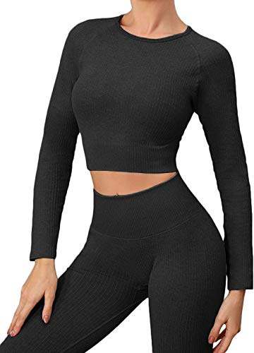 Ensembles de gym pour femmes ZHENGHAO 2 pièces avec haut court à manches longues côtelé et leggings sans couture à taille haute - Vêtements de sport, tenue de yoga, jogging, Noir , S