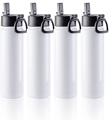 PYD Life Sublimationsdruck-Rohlinge, Sport-Trinkflaschen, 625 ml, 4 Stück | Doppelwandige Edelstahl-Vakuumflasche mit Trinkhalm, tragbarer Griff für Becher, Wärmepresse, Sublimationsdruck, Ofendruck