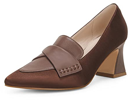 Women's Chunky Block Low Heels Pumps Stitching Retro Work Office Dress Shoes Dark Brown