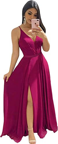 WTWVIAN Vestido largo de gasa con cuello en V para mujer, vestido de invitados de boda, plisado, con abertura alta, sin espalda, para dama de honor, fucsia, 50