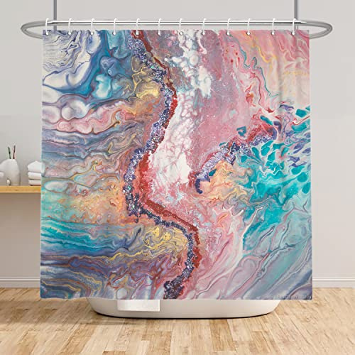 Bovlleetd Marmo Tenda da Doccia 152x183cm Moderno Astratto Blu Rosa Mare Acqua Lusso Arte Decorativo Tenda da Doccia, Impermeabile Lavabile in Poliestere Tende da Bagno con 10 Ganci per Vasca da Bagno