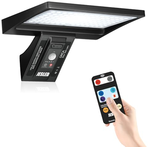 JESLED Solarlampen für Außen mit Bewegungsmelder, 5200 mAh Solarleuchten für Außen 104 LED Solar Lampe Outdoor Ideal für Terrasse, Veranda, Garage, Hof, Straßen, IP65 Wasserdicht | Superhelle Solarleuchte Solar Lampe Outdoor Sicherheitswandleuchte 4 Modi IP65 Wasserdichte Wandleuchte Garten für Veranda