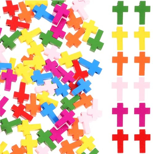 ABOOFAN Lot de 100 Pendentifs Croix en Bois 2,2x1,5 cm, Breloques Colorées Percées pour DIY Bijoux Bracelet Chapelet, Cadeau Créatif Baptême Communion
