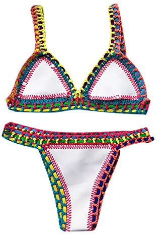 Costume Bagno Due Pezzi – Reggiseno Triangolo e Mutande Brasiliana Costume Mare Donna Bikini Mare Coordinato con Dettagli Uncinetto Crochet Costume da bagno a triangolo a lavorato a maglia (White, L)