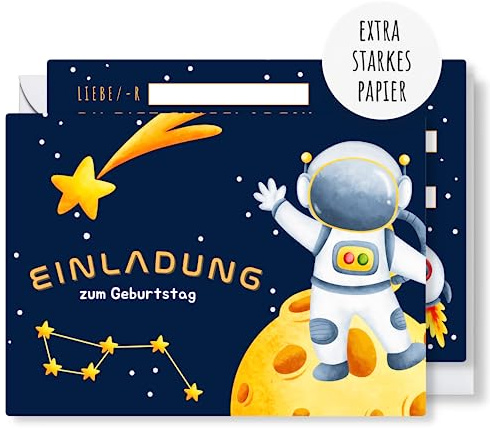 møij 12x Einladungskarten Kindergeburtstag Mädchen & Jungen Astronaut | inkl. Umschläge, DIN A6, stabiler Karton, leicht auszufüllen, ideal für Partyplanung
