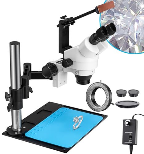 DZQ Stereomikroskop 7X-45X Vergrößerung, Schmuck-Mikroskop 0X/0,5X/2,0X Objektivlinsen, Micro Intarsien Spiegel WF10X Okulare, Gelenkarmständer mit rutschfester Platte, 60-flammiges LED-Ringlicht