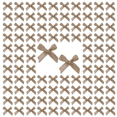 WANDIC Lazo Decorativo de Arpillera, 100 Unidades de Lazos de Cinta de Lino Natural Prefabricados, Lazos con Atadura Retorcida, Mini Lazos para Obsequios, Decoración, Envoltura de Regalos