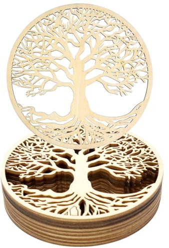 VEGCOO Lot de 12 Arbre de la Vie Dessous de Verre, Dessous de Verre, Fleur de Vie en Bois, sous-Verres en Bois pour Méditation, Maison Décoration, Ornement de Salle à Manger(10 x 10cm)