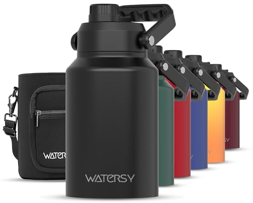 WATERSY Half Gallon Water Bottle Insulated(Cold for 48 Hrs),BPA Free&Leak Proof,64oz Stainless Steel Water Jug/Flask,Big thermo,Large Water Bottle with Handle for Gym,Hiking,Camping,Black