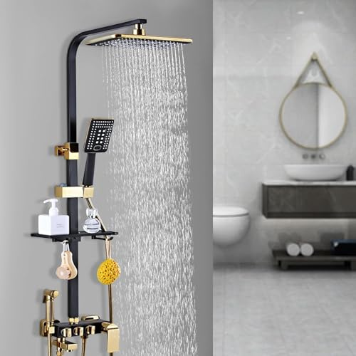 Regendusche Duschset Schwarz Gold,Duschsystem mit Kopfbrause Handbrause Duschkopf Duschpaneel Duscharmatur Duschgarnitur Duschsäule Einstellbare Höhe 75-120cm