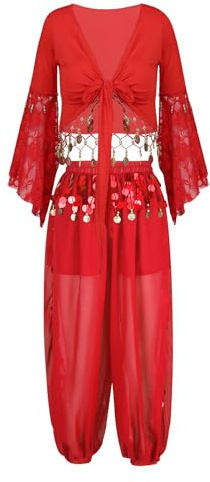 Freebily Damen Bauchtanz Kostüm Indische Tanzkleider Puffärmel Münzen Bauchtanz Oberteile Pluderhosen Rock Belly Dance Outfit Rot_A L