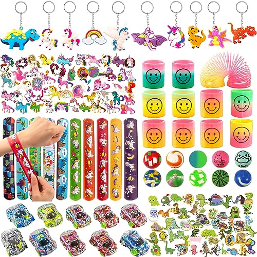 Mitgebsel kindergeburtstag Set, 152pcs Einhorn Dinosaurier Give Aways Kindergeburtstag Gastgeschenke Enthalten Schnapparmband, Aufkleber, Flummis,Spiralen, Schlüsselschnalle, Autos zurückziehen