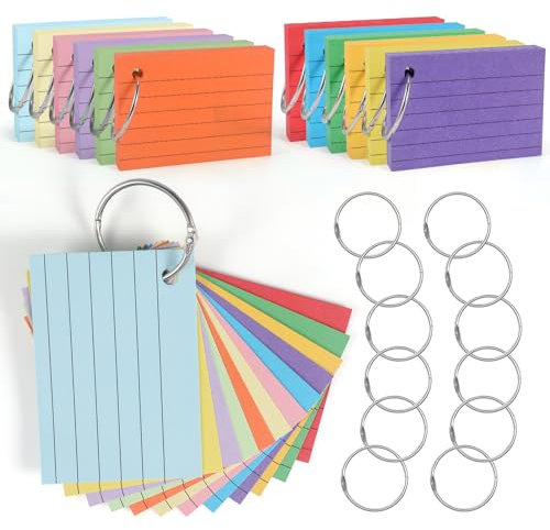 moinkerin Karteikarten 600 Stücke 3 * 2 Inch Mehrfarben Lernkarten Flashcards mit 12 Binderingen für Büro Haus Schule Lernen