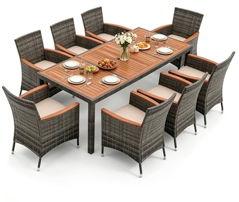 GIANTEX Set di mobili da giardino 9 pezzi, tavolo da pranzo e 8 sedie, set di mobili in rattan per 8 persone, seduta imbottita, mobili per terrazza, patio (grigio)