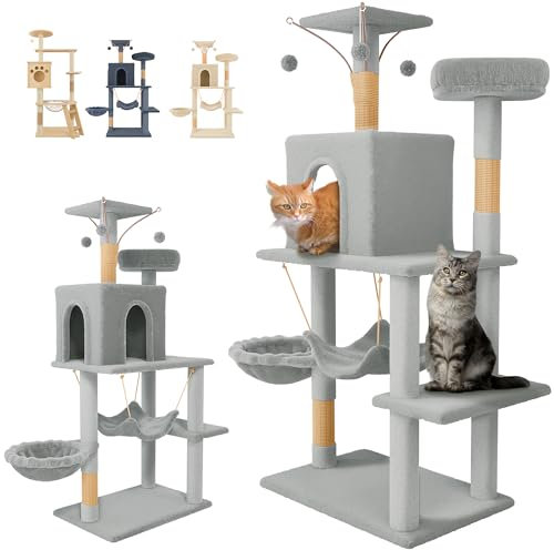 JUPPLIES Árbol Rascador para Gatos 143 cm – Torre de Juegos y Descanso con 5 Plataformas, 3 Nidos, 1 Cueva y Hamaca – Poste de Sisal y Base Estable 60×40 cm – Ideal para Hogares (Gris)