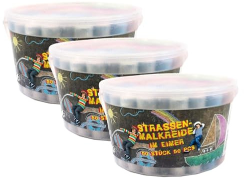 TerCasa 998705 - Set di 150 gessetti in 3 secchi con coperchio e manico, 150 gessetti colorati per pavimentazione o asfalto, gessetti da strada per bambini dai 3 anni in su