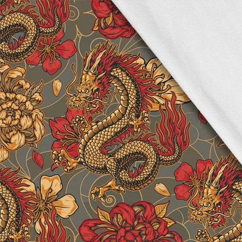 HEKO PANELS Softshell Stoff Meterware Outdoor Stoff Wasserfest Mit Fleece Stoff Zum Nähen Nähstoffe Windfest Für Jacke Wandern Sport Overall Japanische Drachen 2 Meter 145 x 200 cm