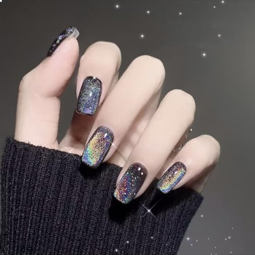GlamRays 24 Stück Schwarze Press on Nails Kurze Quadratische Falsche Nägel Glitzernde Falsche Nägel Mit Mustern Bunt Vollumfängliche Akrylnägel Glänzend Klebernagel Künstliche Aufnageln