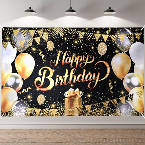 ANOMM Striscione di Compleanno, Compleanno Festa Decorazioni Oro Nero, Fondale per Decorazioni del Buon Compleanno Decorazione, per Festa di Compleanno Donna Uomo (180 x 110 cm)