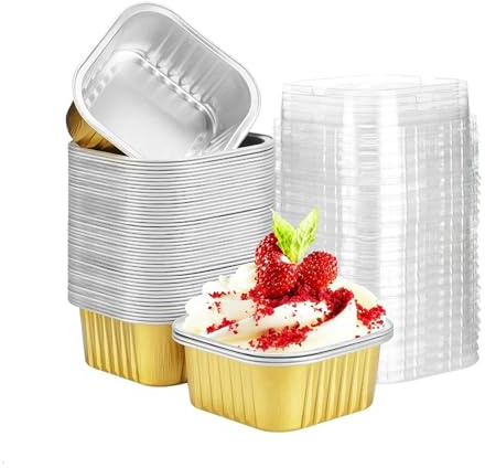 Hniuyun 50 Pack Aluminum Foil Mini Loaf and Square Baking Pans with Lids 180ml Cake Bread Molds for Brownies Holiday Gifts Packaging (Gold)