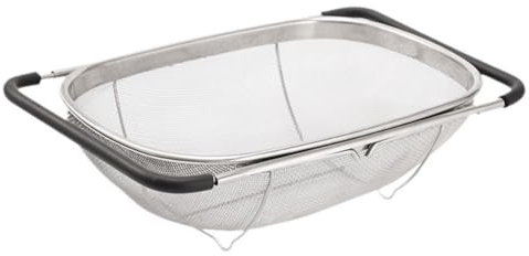 Expandable Strainer Over The Sink Basket, Stainless Steel Colander with Fine Mesh, 4-6Quart Strainer Basket with Rubber Grip Handle for Kitchen, Drain, Rinse Veegetables, Fruits (Silver, 4QT)