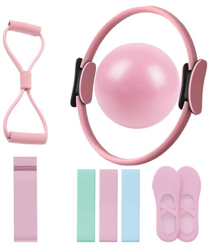 Generisch Pilates Ring Set, 14 Magic Circle, Long & Loop Resistance Bands, Soft Pilates Ball, Grip Socks,Puller, Home Workout Equipment for Women & Beginners to Tone, Flexibility & Core Strength