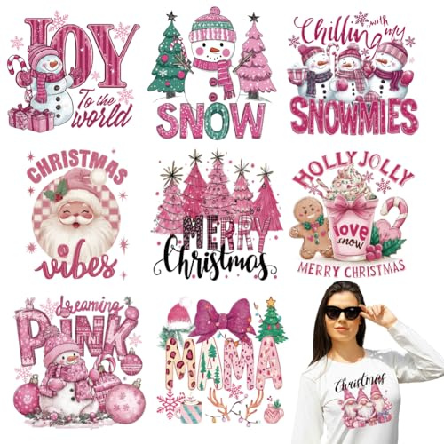 arricraft 9 Pcs Pink Christmas Theme Heat Transfer Film Logo Stickers Set, 9 Styles Merry Christmas Santa Claus Snowman Heat Transfer Stickers Iron on Decals for T-Shirts Patches Bags Hats DIY Crafts