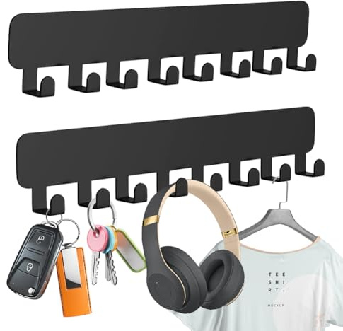 Zinueen Lot de 2 porte-clés muraux autocollants sans perçage – Barre à clés avec 8 crochets, support mural en acier noir pour entrée, couloir, cuisine, salle de bain, bureau ou garage