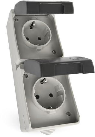 EMOS - 2-fach Schutzkontakt-Steckdose mit Klappdeckeln - Aufputz zur vertikalen Wandmontage - für Feuchtraum und Außenbereich geeignet, 250 V~/16 A max., Schutzklasse IP44/IP54 - Schuko, Kunststoff