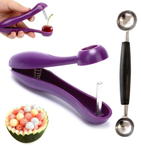DOKRIN Snocciolatori,Snocciolatore di ciliegie a spinta, cucchiaio per gelato a doppia estremità, scavino per frutta