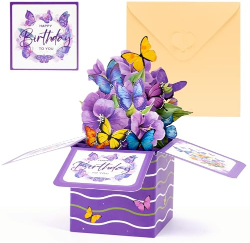 3d Geburtstagskarte Frau, Schmetterling Geburtstagskarte Pop Up Karte Geburtstag Blumen mit Umschlag, Geburtstagskarten für Frauen, Mutter, MäDchen, Muttertag, Jahrestag, Dankeschön Karte (Purple)