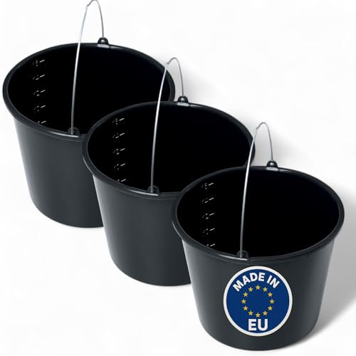 Schwarzer 12L Eimer mit Skala – robuster Kunststoffeimer mit Griff – Putzeimer, Zementeimer, Wassereimer für Garten, Haushalt & Baustelle – Sets 3 St. (3, 12L)