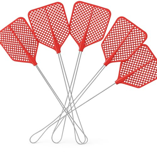 LifeChic Matamoscas Manual 43 cm – Mango de Hierro, Pala Flexible de plástico Rojo – matamoscas para Interiores y Exteriores – contra Moscas, Mosquitos e Insectos voladores – Pack de 5 Unidades