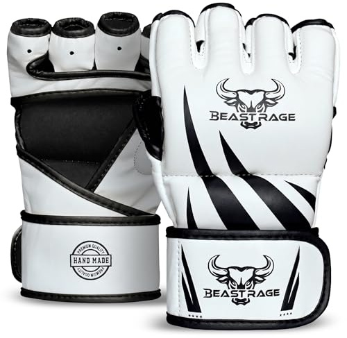 BEAST RAGE Guantes de MMA de alta calidad hechos a mano,Mitones de agarre duraderos de palma abierta para JJB, UFC,Sparring y Kickboxing (blanco/negro, S/M)