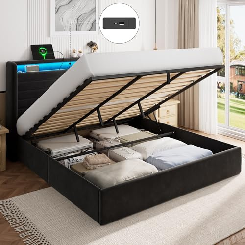 FEONASE Bett 180x200 mit Stauraum, Polsterbett 180x200 cm mit LED-Beleuchtung & Ladestation, Bettgestell mit Hydraulischem und Leinen Kopfteil Stauraum, Lattenrost, Ohne Matratze, Velous Dunkelgrau